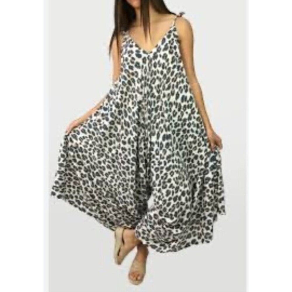 Japna Jumpsuit Womens S Blue Leopard Wide‎ Leg Tent Spaghetti Strap V Neck NEW